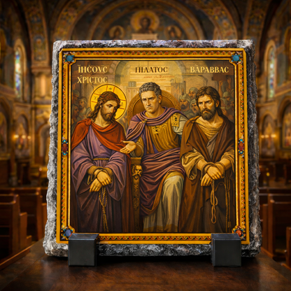 Jesus, Pilate & Barabbas Trial Orthodox Icon Rock Slate Plaque – Byzantine Christian Religious Gift Decor