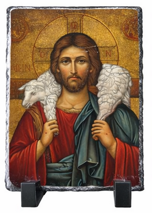 Christ the Good Shepherd Icon Plaque on Natural Slate – Sacred Orthodox Christian Art