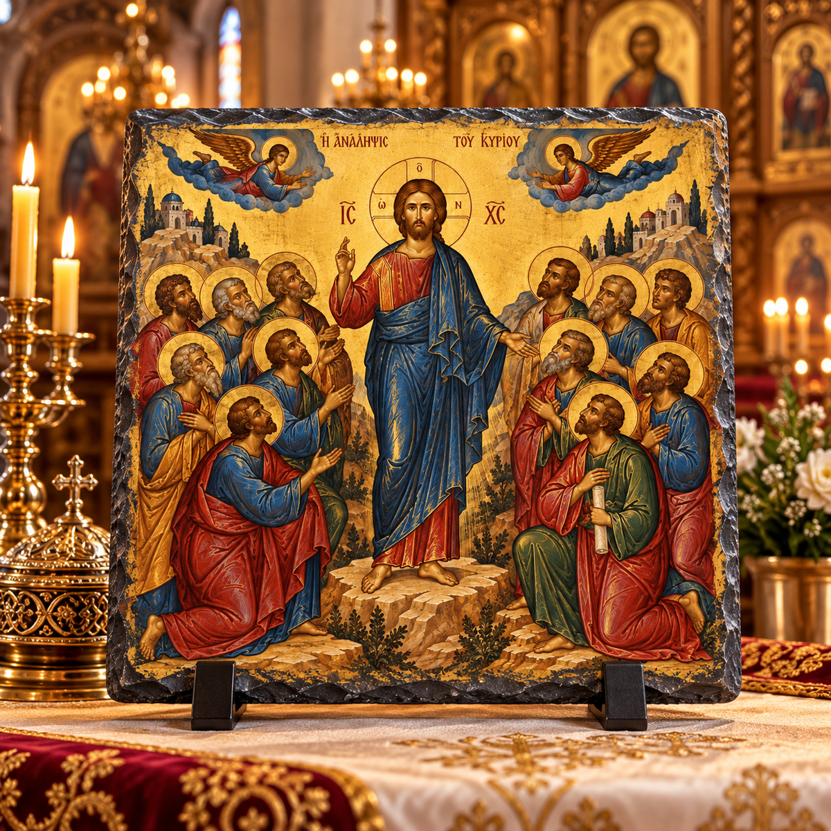 Ascension of the Lord Orthodox Byzantine icon rock slate with apostles