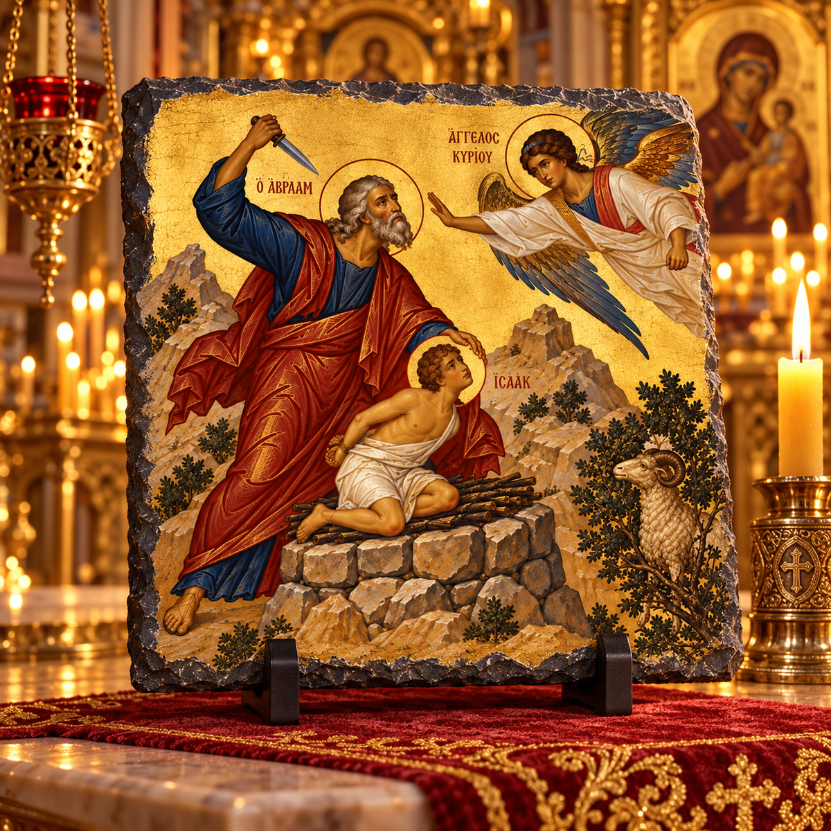 Binding of Isaac Orthodox Byzantine Old Testament icon on natural rock slate in a candlelit church setting