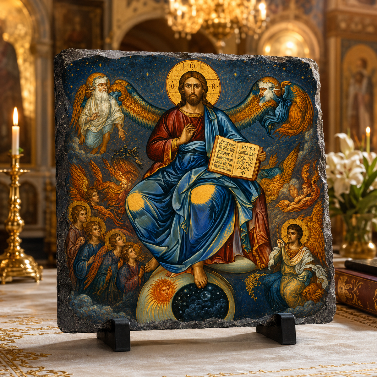 Christ Pantocrator Orthodox Byzantine icon rock slate in church setting
