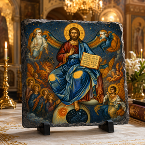 Christ Pantocrator Orthodox Byzantine icon rock slate in church setting