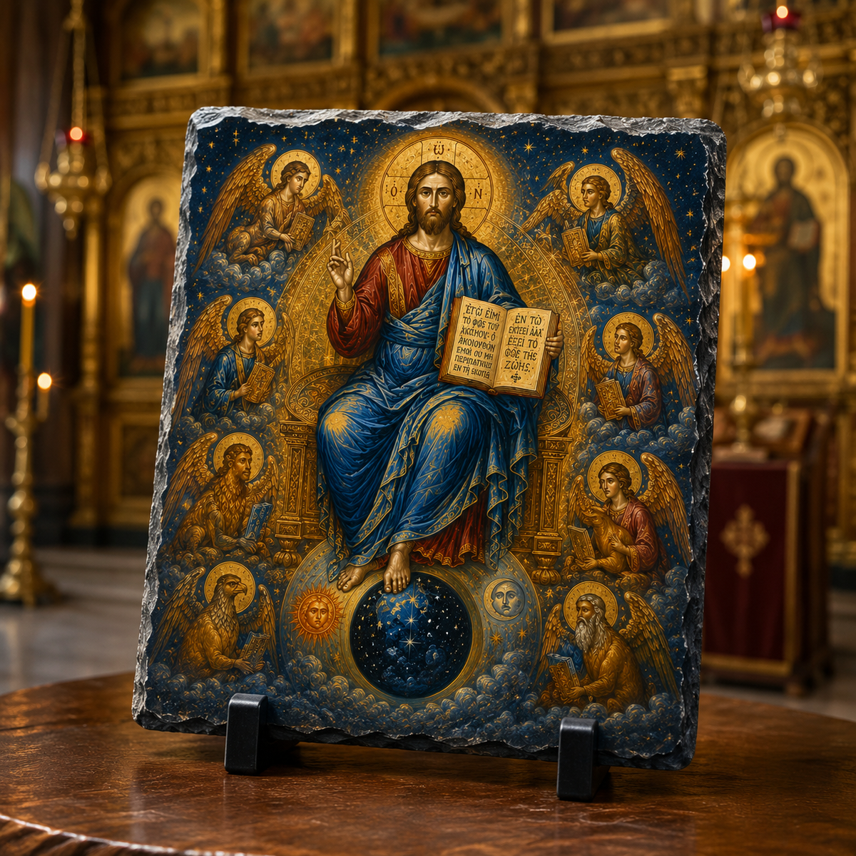 Christ Pantocrator celestial throne Orthodox icon rock slate
