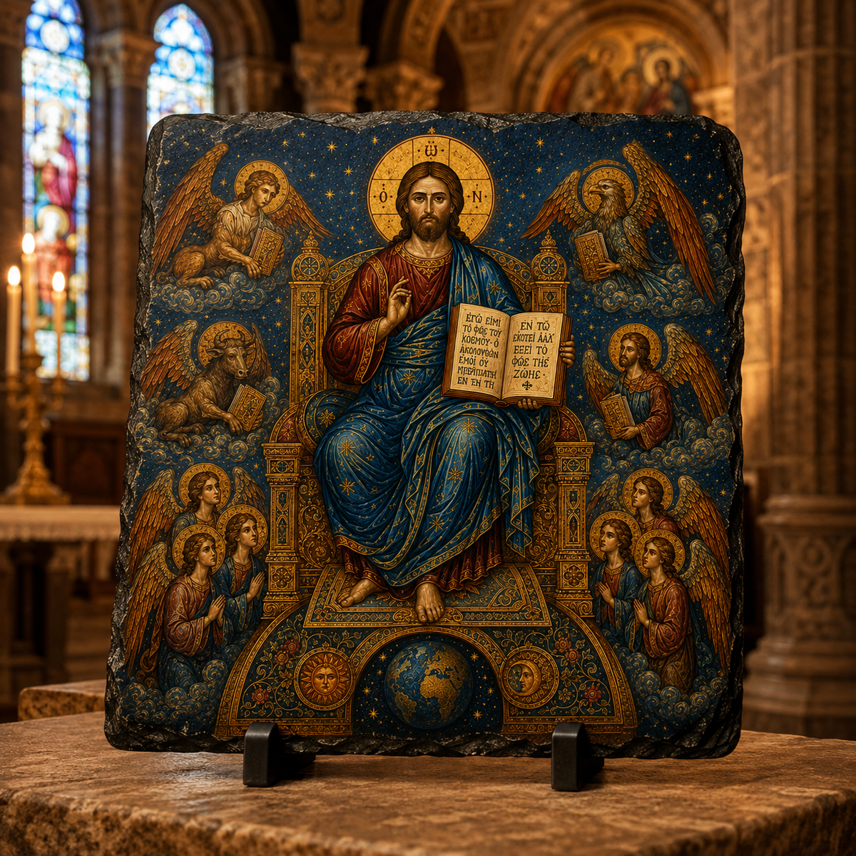 Christ Pantocrator with angels Byzantine Orthodox rock slate