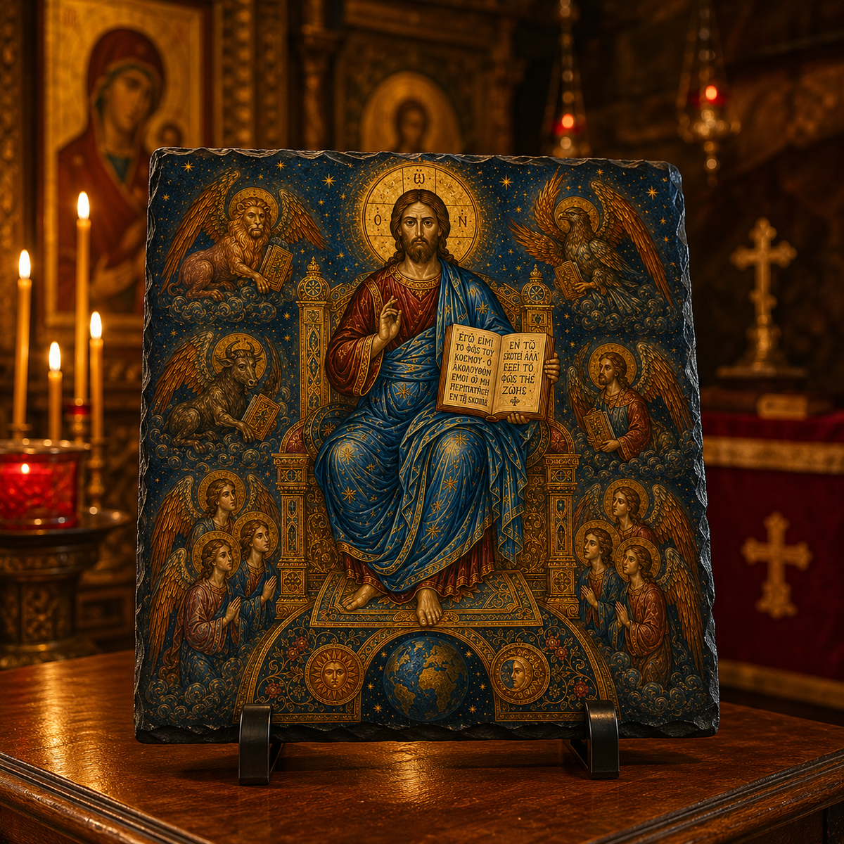 Christ Pantocrator four evangelists Byzantine icon rock slate
