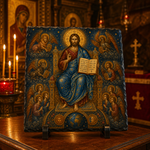Christ Pantocrator four evangelists Byzantine icon rock slate