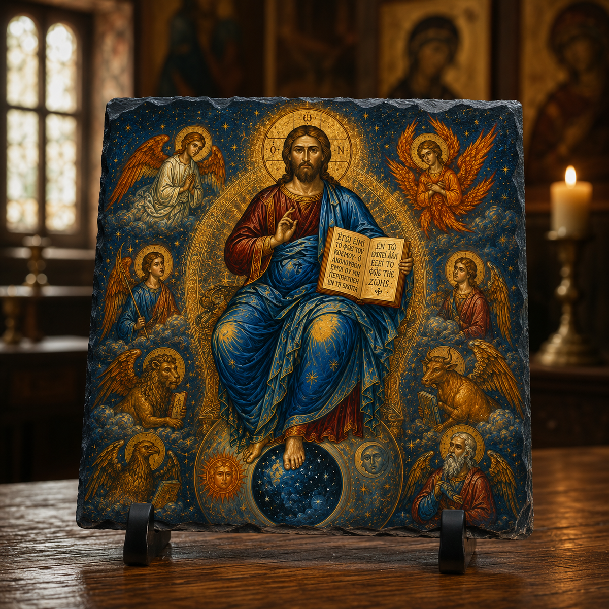 Christ Pantocrator heavenly court Orthodox Byzantine rock slate