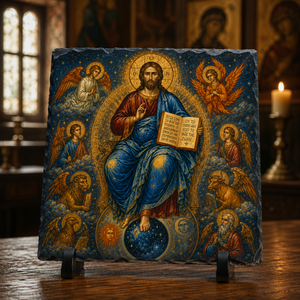 Christ Pantocrator heavenly court Orthodox Byzantine rock slate