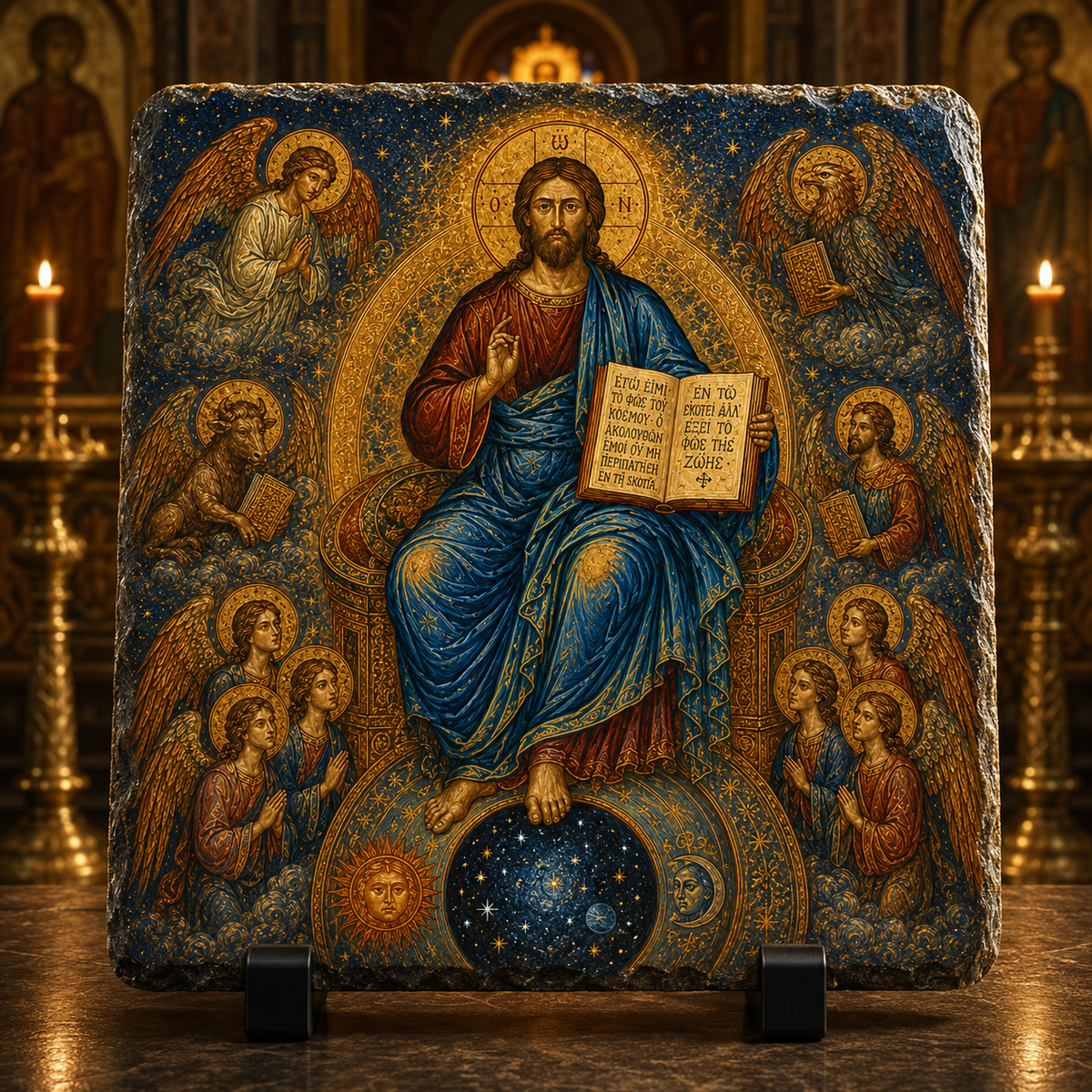 Christ Pantocrator starry heaven Byzantine icon rock slate