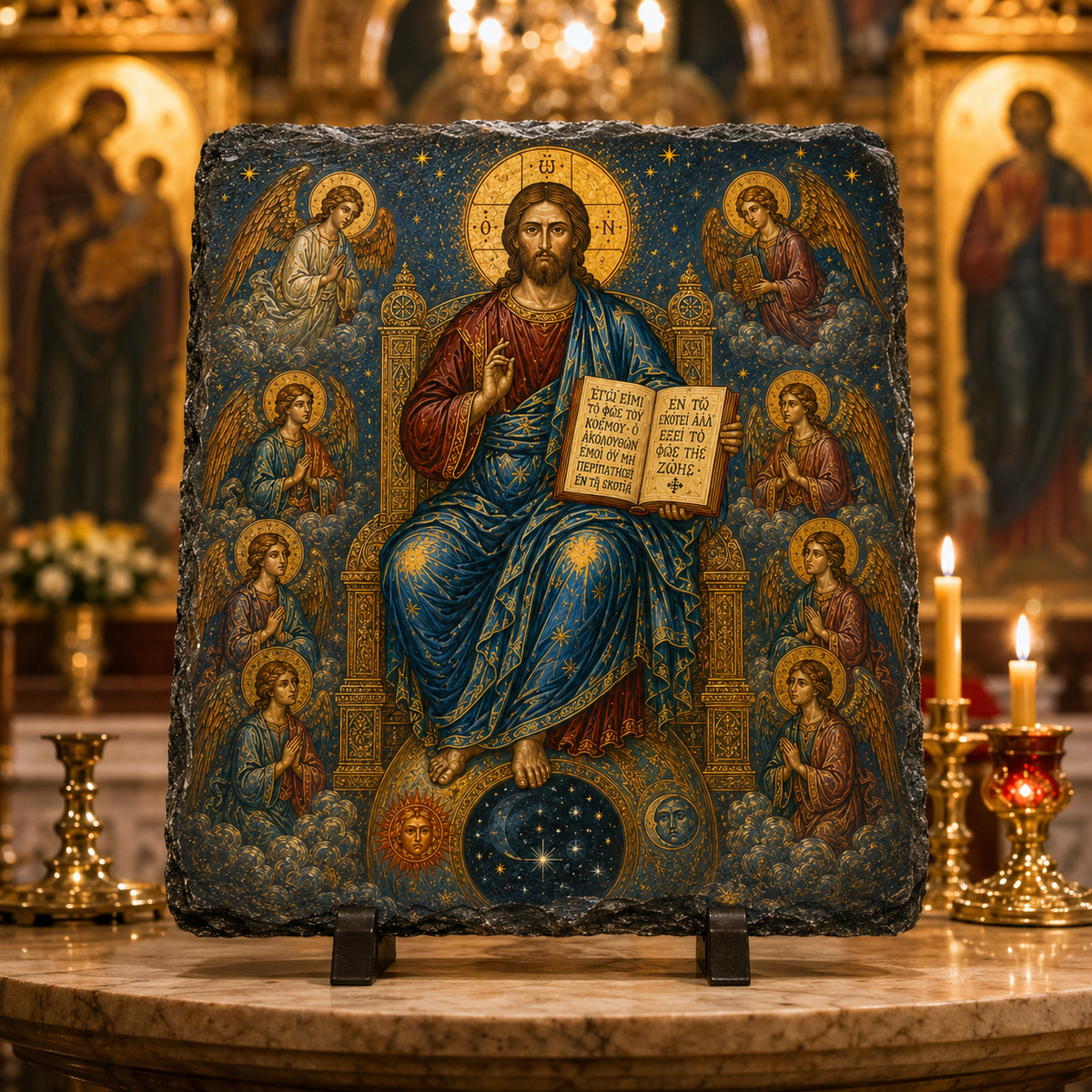 Christ Pantocrator angelic throne Orthodox icon rock slate