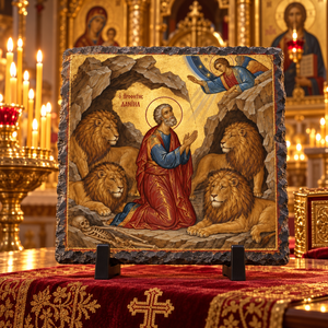 Daniel in the Lions' Den Orthodox Byzantine Old Testament icon on natural rock slate in a candlelit church setting