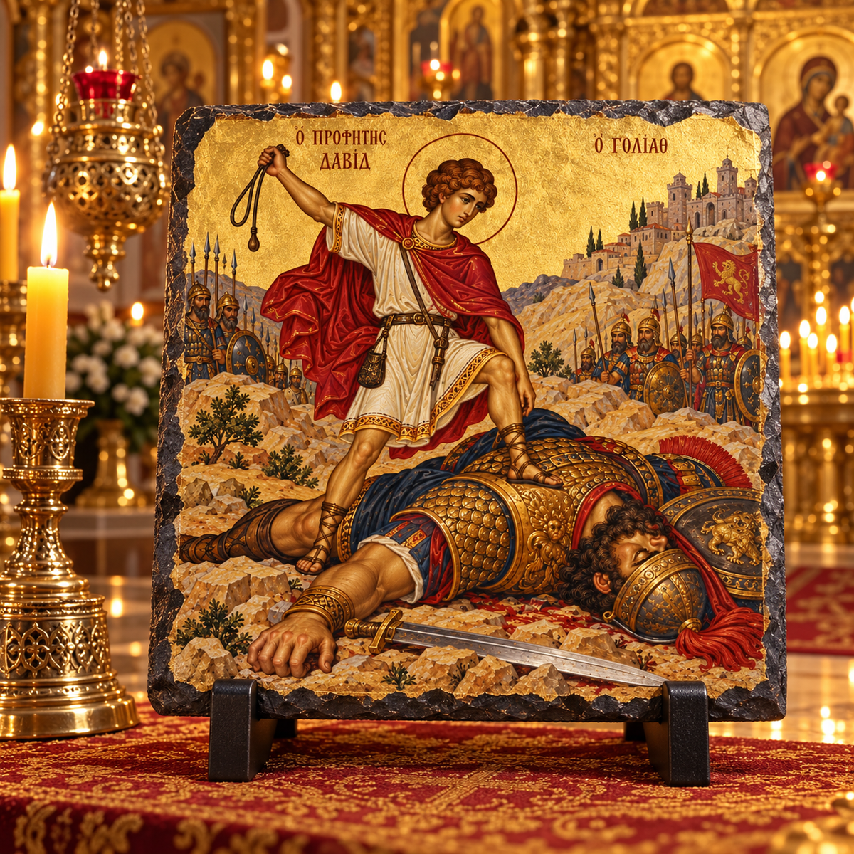David and Goliath Orthodox Byzantine Old Testament icon on natural rock slate in a candlelit church setting