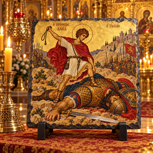 David and Goliath Orthodox Byzantine Old Testament icon on natural rock slate in a candlelit church setting