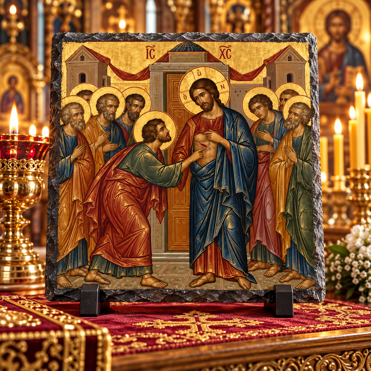 Doubting Thomas touching Christ's wounds Orthodox Byzantine icon rock slate