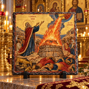 Prophet Elijah on Mount Carmel Orthodox Byzantine Old Testament icon on natural rock slate in a candlelit church setting