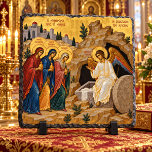 Myrrhbearers at the Empty Tomb Orthodox Byzantine Resurrection icon rock slate