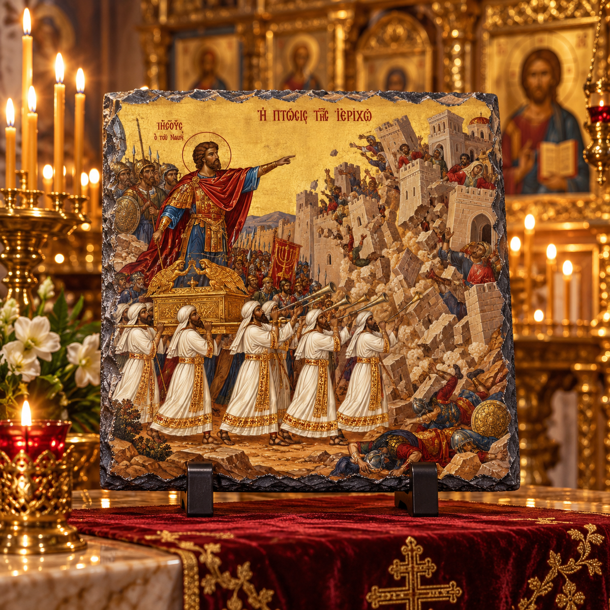 Fall of Jericho Orthodox Byzantine Old Testament icon on natural rock slate in a candlelit church setting