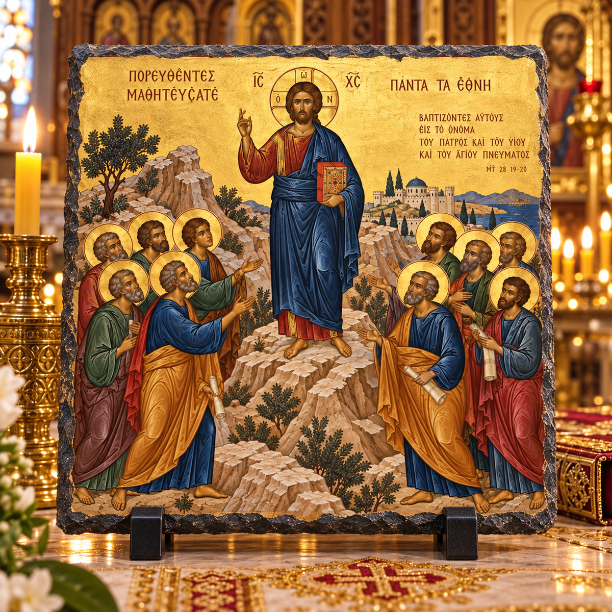Great Commission risen Christ with apostles Orthodox Byzantine icon rock slate