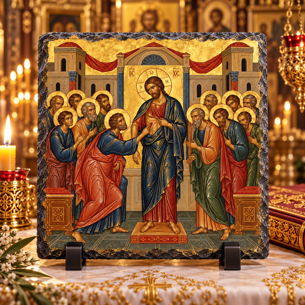 Incredulity of Thomas Orthodox Byzantine Resurrection icon rock slate