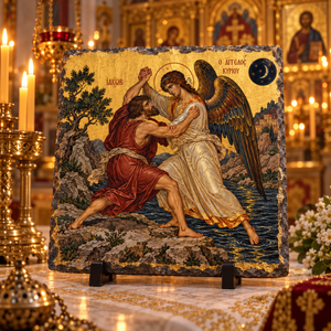 Jacob wrestling the Angel Orthodox Byzantine Old Testament icon on natural rock slate in a candlelit church setting