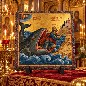 Jonah and the Great Fish Orthodox Byzantine Old Testament icon on natural rock slate in a candlelit church setting
