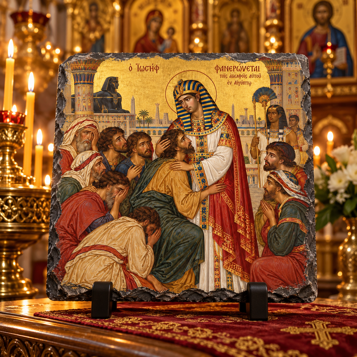 Joseph reunited with his brothers in Egypt Orthodox Byzantine Old Testament icon on natural rock slate in a candlelit church setting