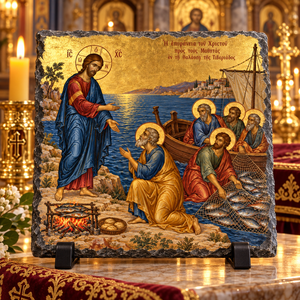Risen Christ miraculous catch of fish Orthodox Byzantine icon rock slate