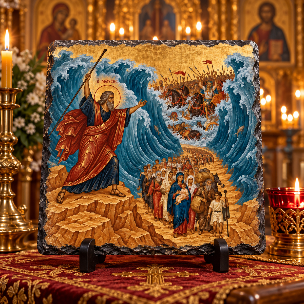 Moses parting the Red Sea Orthodox Byzantine Old Testament icon on natural rock slate in a candlelit church setting