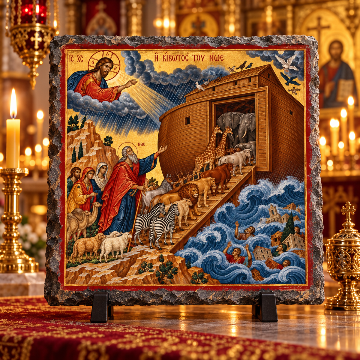 Noah's Ark Orthodox Byzantine Old Testament icon on natural rock slate in a candlelit church setting