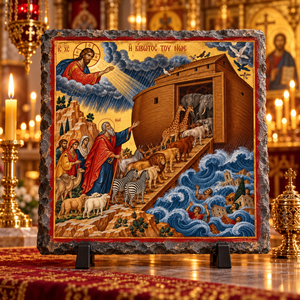 Noah's Ark Orthodox Byzantine Old Testament icon on natural rock slate in a candlelit church setting