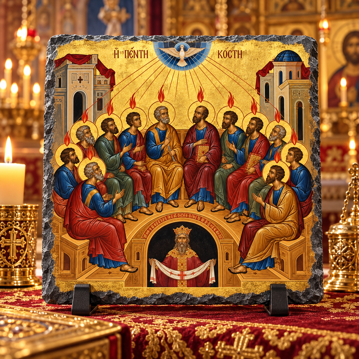 Pentecost Holy Spirit descending on the apostles Orthodox Byzantine icon rock slate