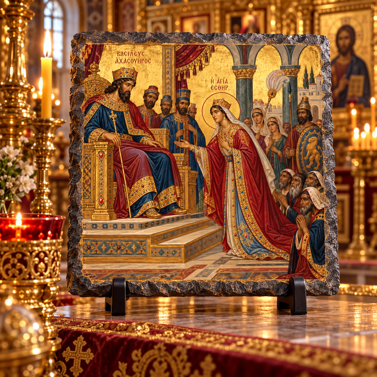 Queen Esther before King Ahasuerus Orthodox Byzantine Old Testament icon on natural rock slate in a candlelit church setting