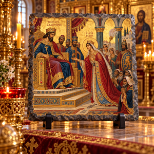 Queen Esther before King Ahasuerus Orthodox Byzantine Old Testament icon on natural rock slate in a candlelit church setting