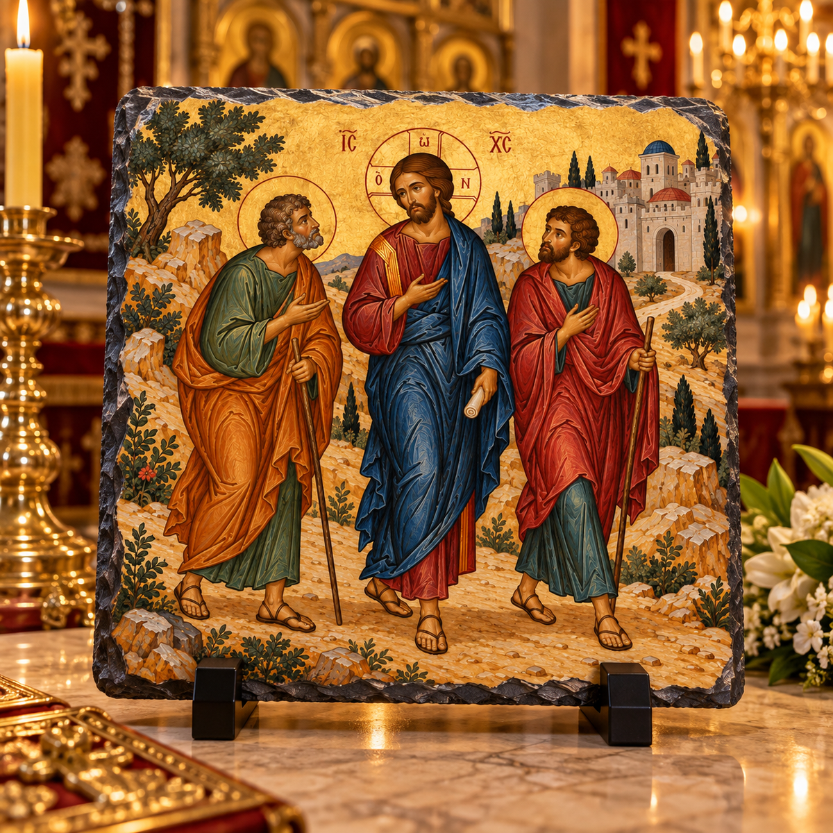 Road to Emmaus risen Christ with disciples Orthodox Byzantine icon rock slate