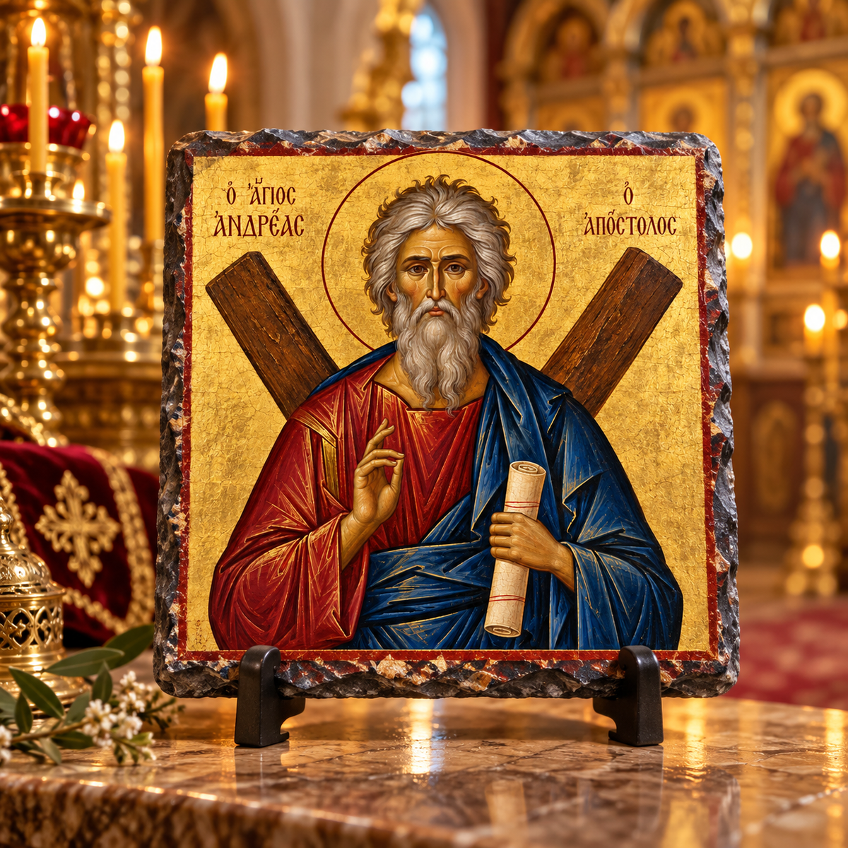 Saint Andrew the Apostle Orthodox Byzantine icon on natural rock slate in a candlelit church setting