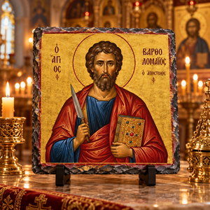 Saint Bartholomew the Apostle Orthodox Byzantine icon on natural rock slate in a candlelit church setting