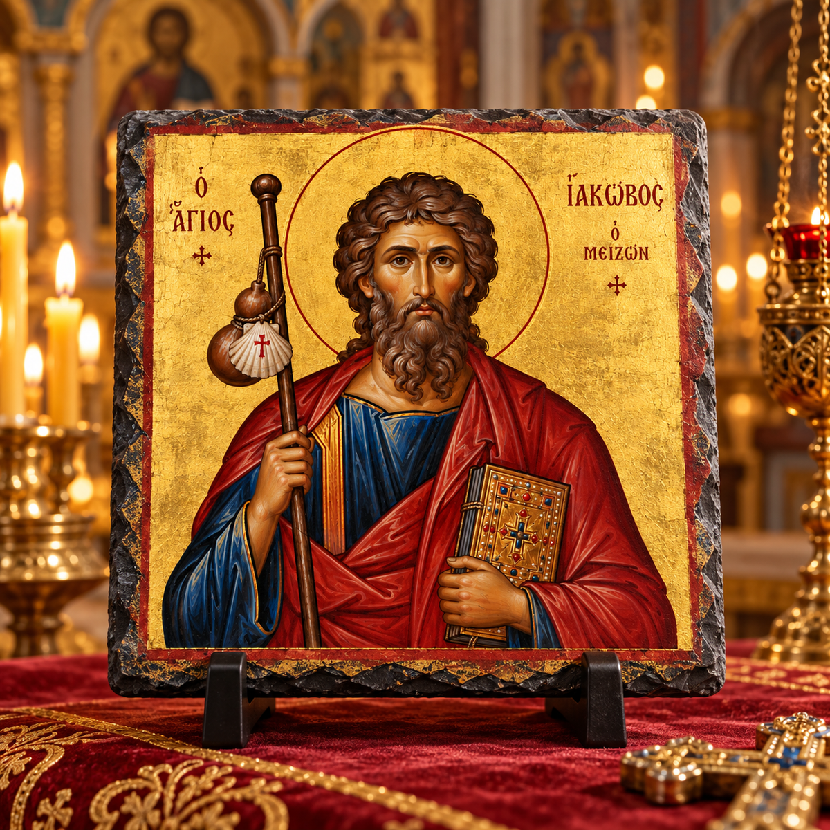 Saint James the Greater Orthodox Byzantine icon on natural rock slate in a candlelit church setting