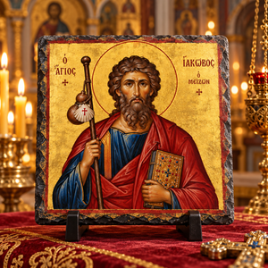 Saint James the Greater Orthodox Byzantine icon on natural rock slate in a candlelit church setting