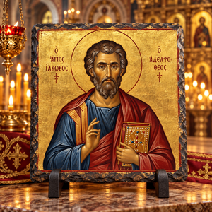 Saint James the Less Orthodox Byzantine icon on natural rock slate in a candlelit church setting