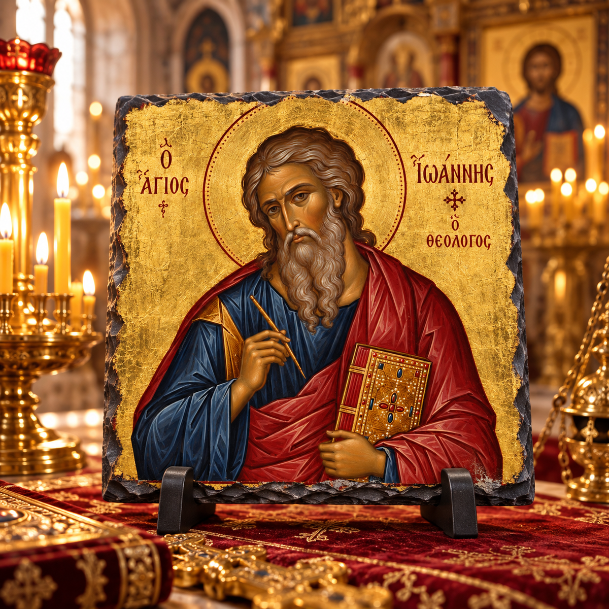 Saint John the Theologian Orthodox Byzantine icon on natural rock slate in a candlelit church setting