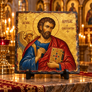 Saint Luke the Evangelist Orthodox Byzantine icon on natural rock slate in a candlelit church setting