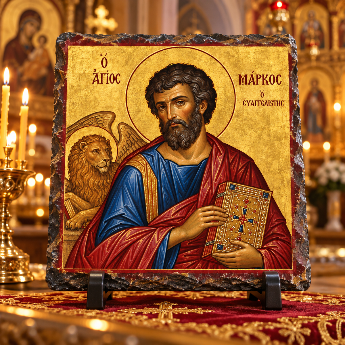 Saint Mark the Evangelist Orthodox Byzantine icon on natural rock slate in a candlelit church setting