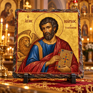 Saint Mark the Evangelist Orthodox Byzantine icon on natural rock slate in a candlelit church setting