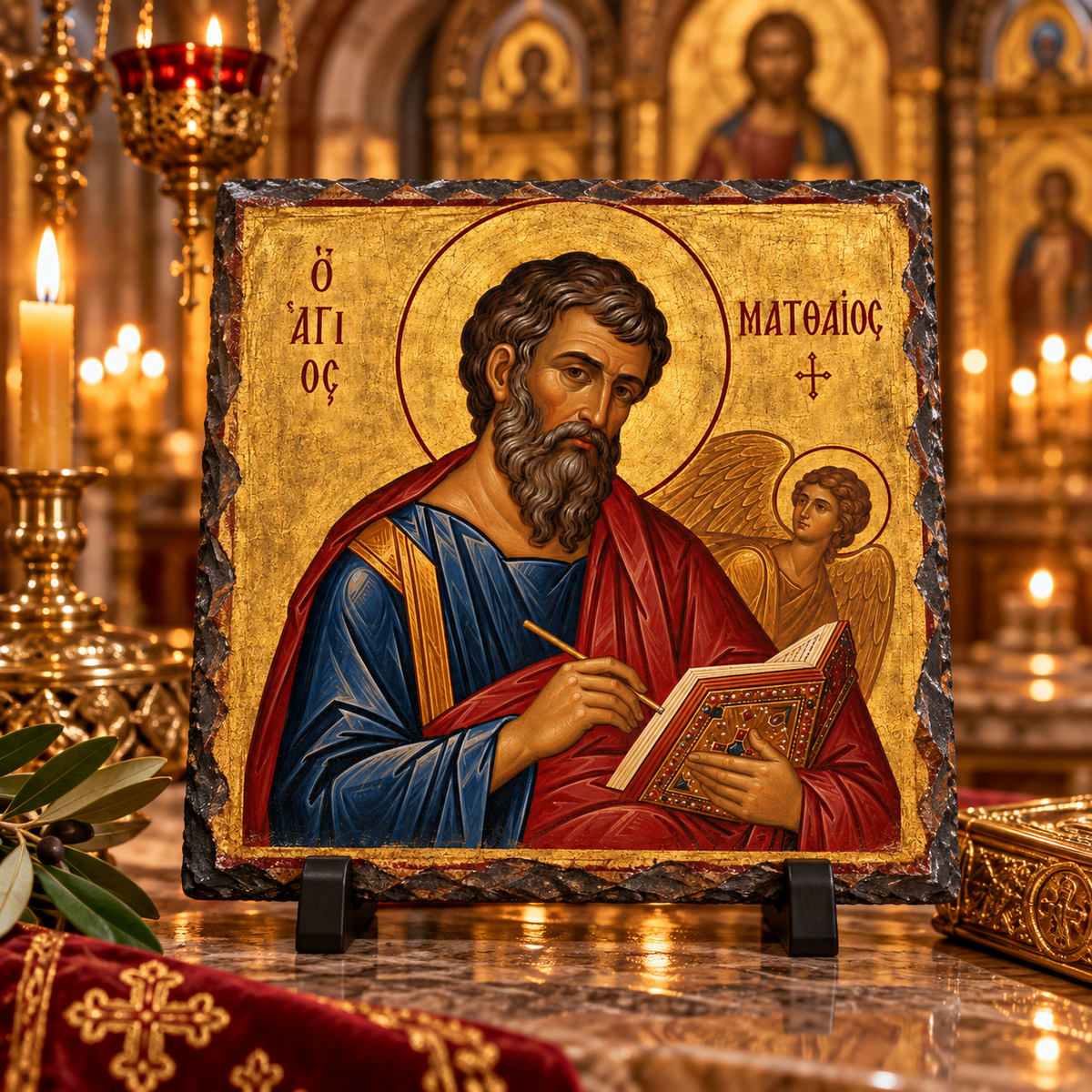 Saint Matthew the Evangelist Orthodox Byzantine icon on natural rock slate in a candlelit church setting