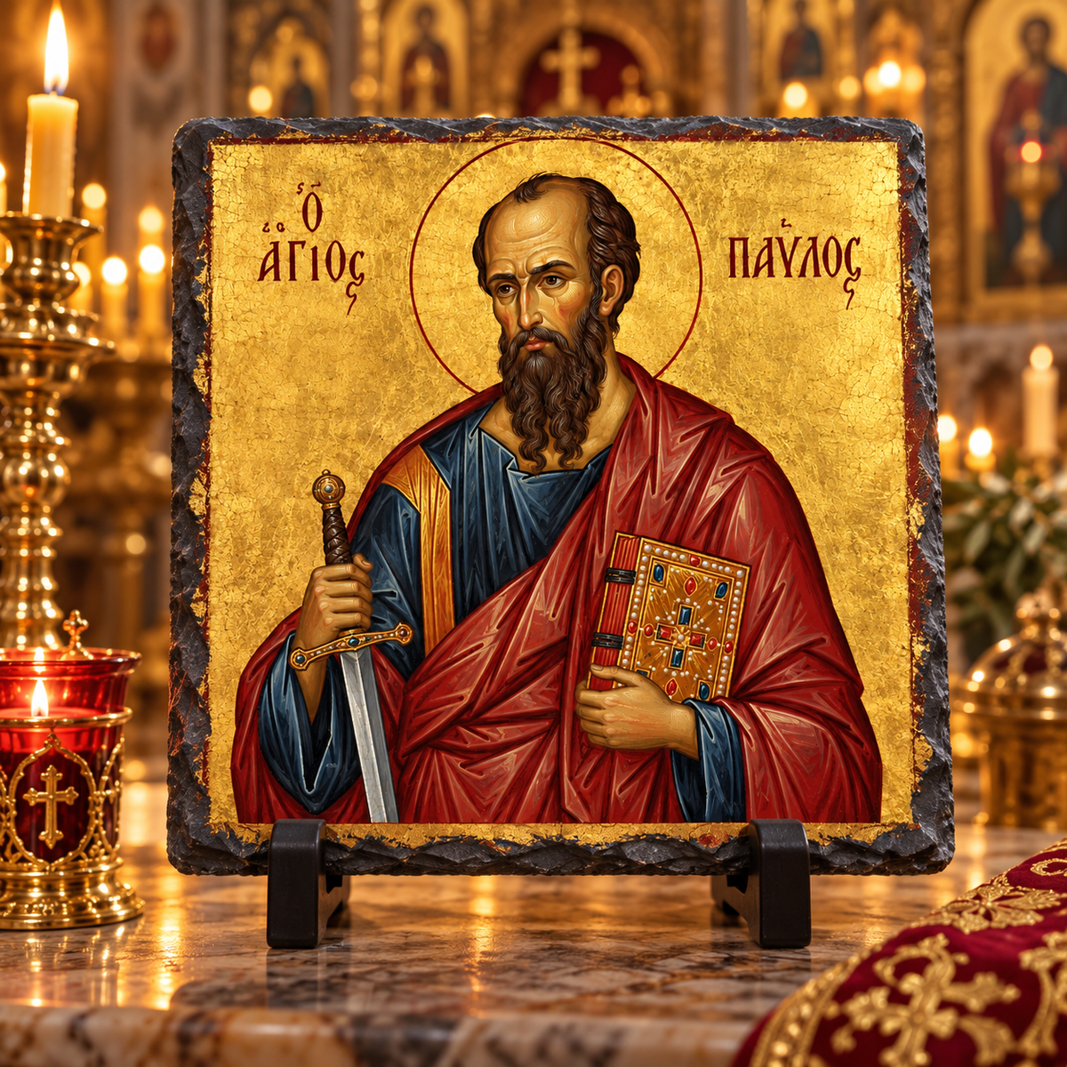 Saint Paul the Apostle Orthodox Byzantine icon on natural rock slate in a candlelit church setting