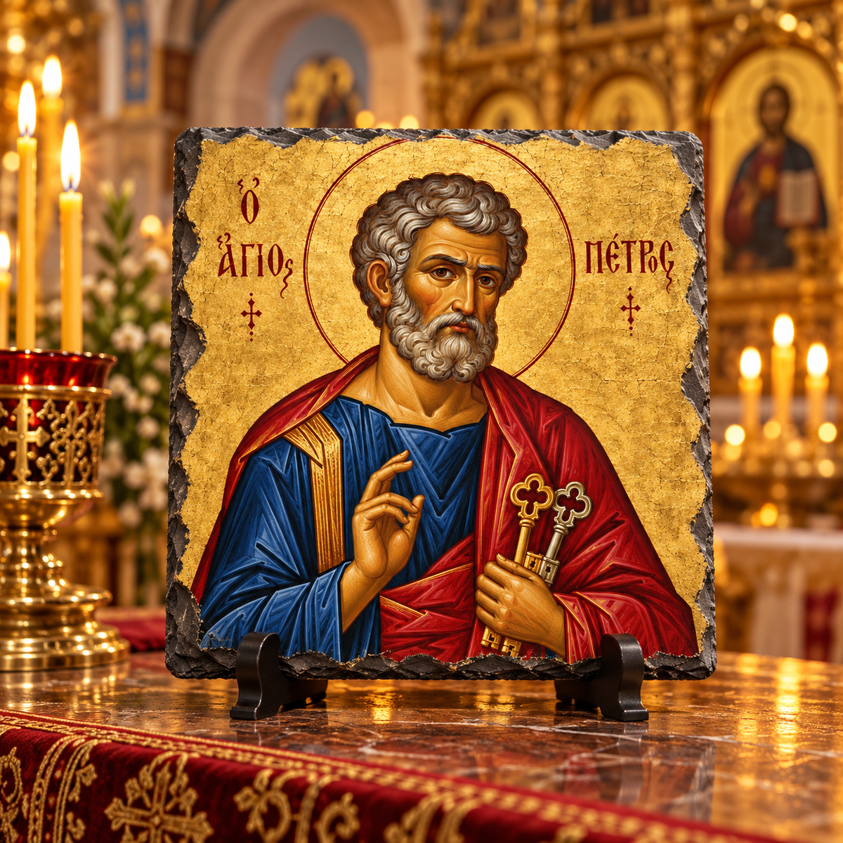 Saint Peter the Apostle Orthodox Byzantine icon on natural rock slate in a candlelit church setting