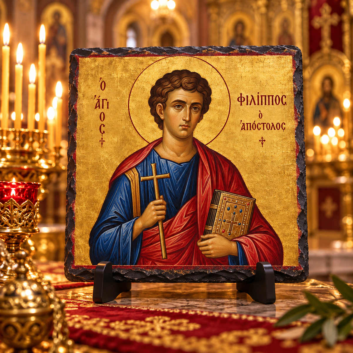 Saint Philip the Apostle Orthodox Byzantine icon on natural rock slate in a candlelit church setting