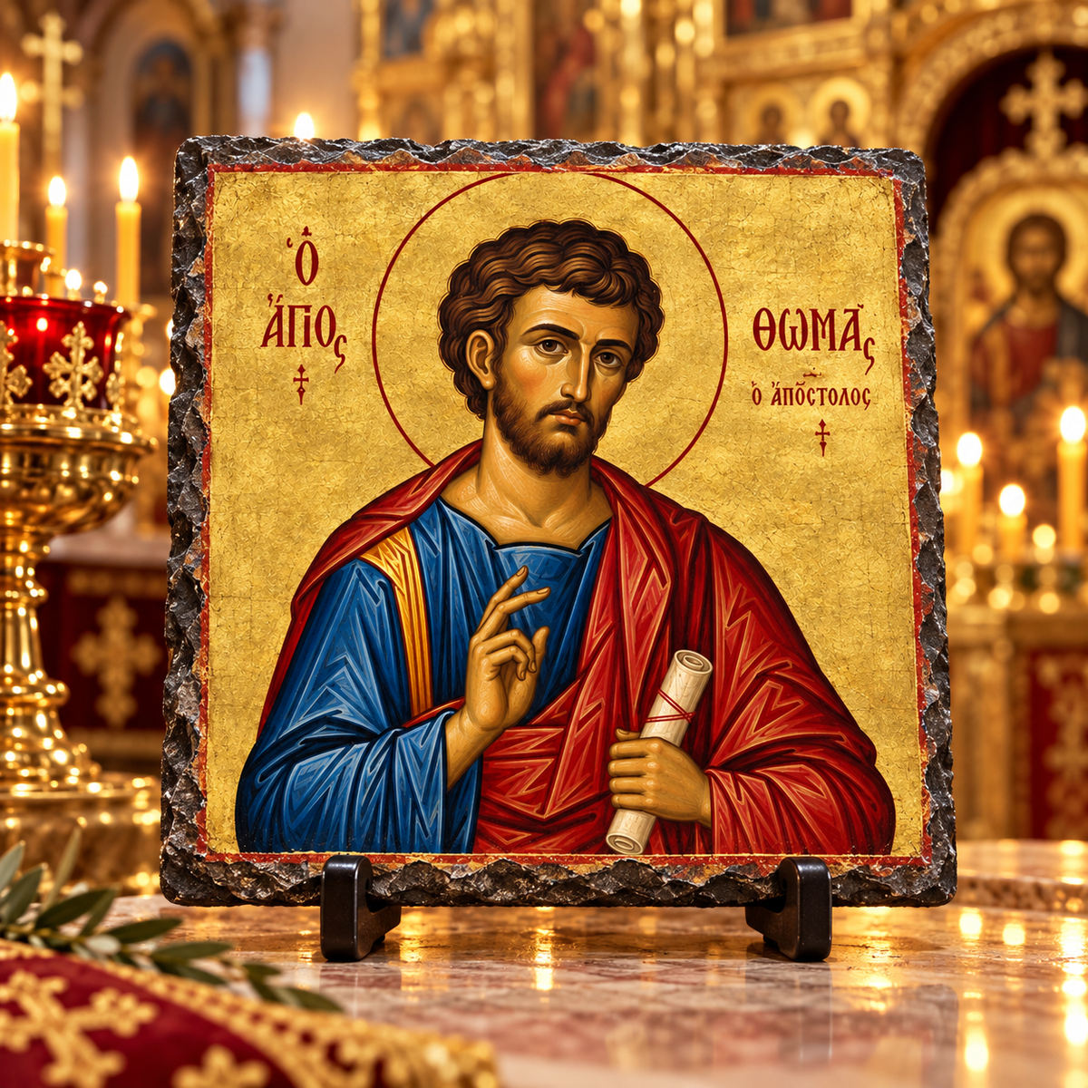 Saint Thomas the Apostle Orthodox Byzantine icon on natural rock slate in a candlelit church setting