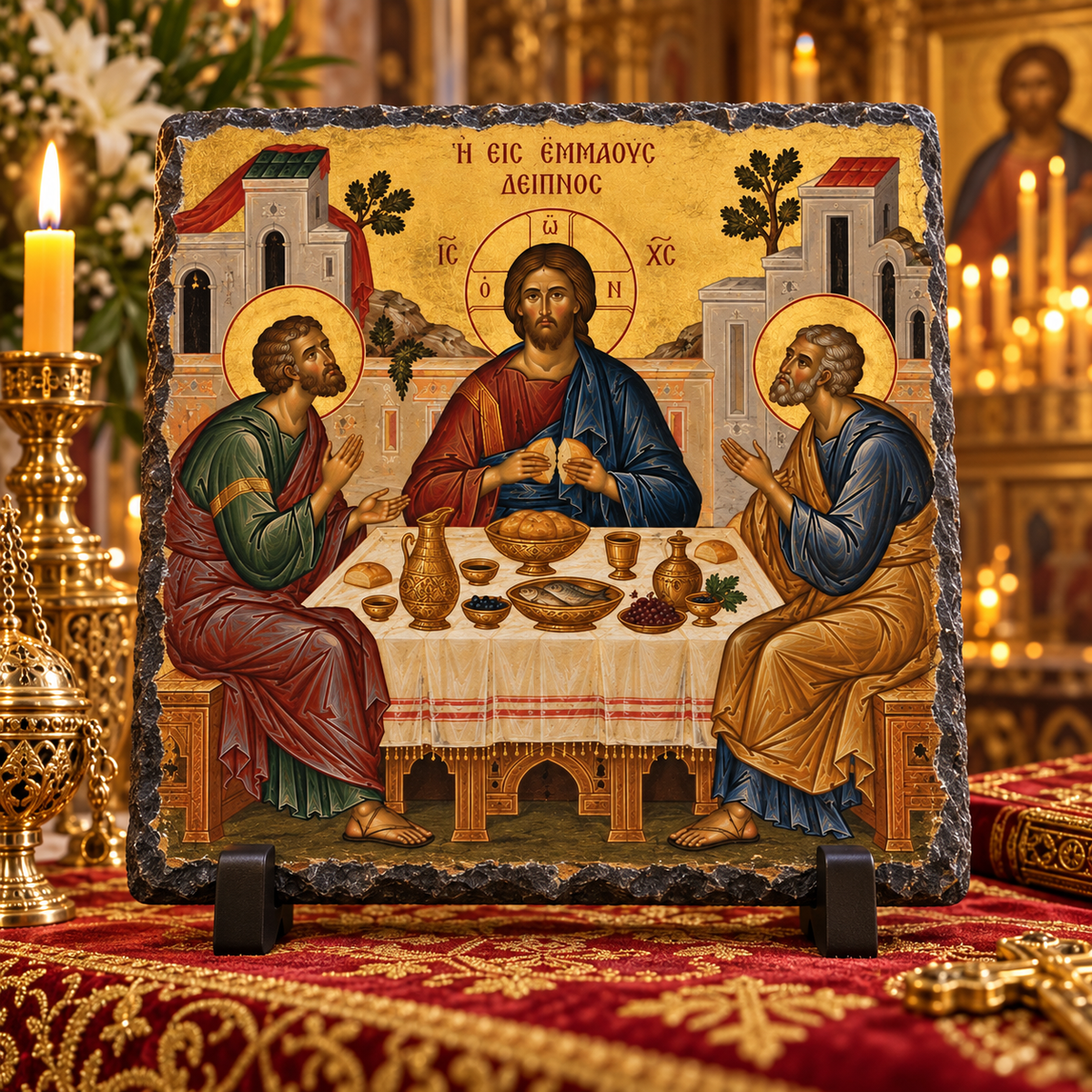Supper at Emmaus risen Christ Orthodox Byzantine icon rock slate