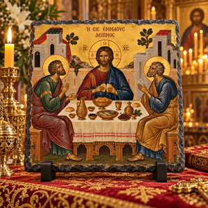 Supper at Emmaus risen Christ Orthodox Byzantine icon rock slate